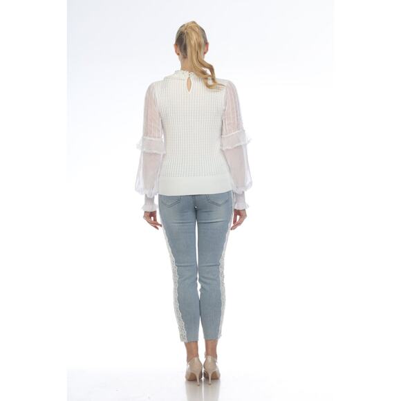 AZI Women's White Dressy Sweater Size S Sheer Puff Sleeves Pearls NWT - Picture 3 of 3